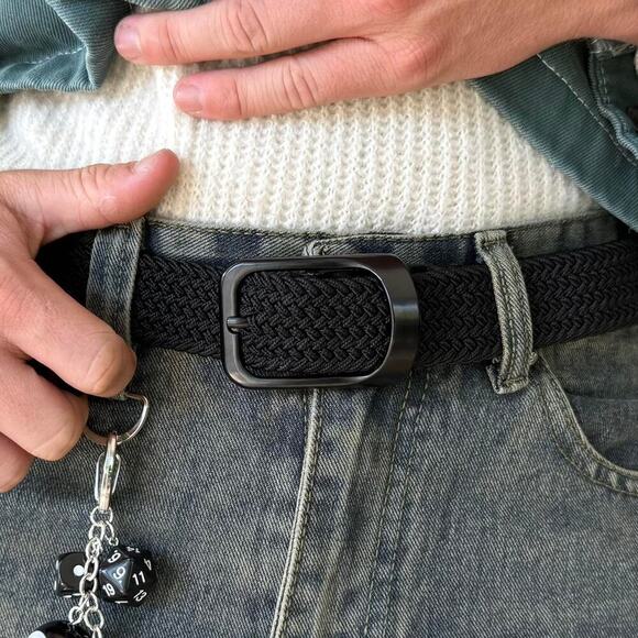 Y2K Black Grey Elastic Belt Silver Hardware Adjustable Unisex New - Picture 4 of 8